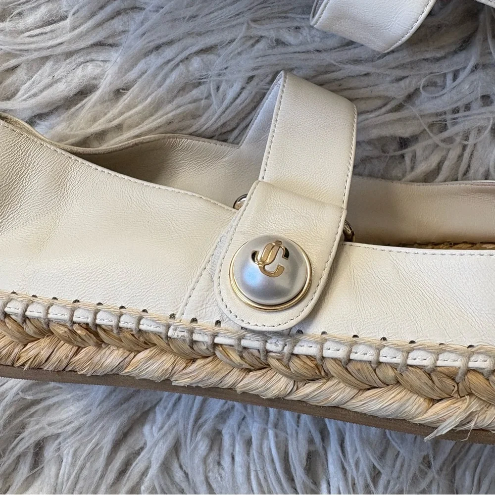 Jimmy Choo Fayence Pearl White Leather Mary Jane Ballerina Espadrilles EUC Sz 38